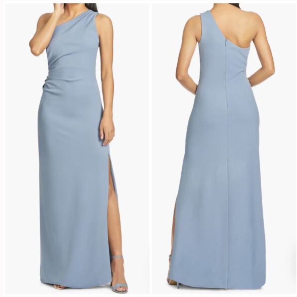 Sachin & Babi Cece One-Shoulder Stretch Crepe Gown Slate Blue Size 4 NWT